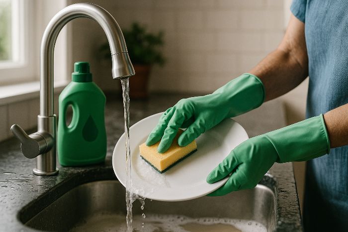 Water Pollution Increases Quietly Through Everyday Cleaning Choices 4 Person washing dishes with gloves and detergent while planning deep cleaning tasks to reduce chemical discharge in home wastewater.