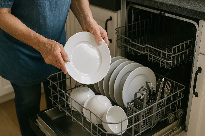 Water Pollution Increases Quietly Through Everyday Cleaning Choices 3 Person loading a dishwasher while using low phosphate and low ammonia detergents to reduce water pollution at home.