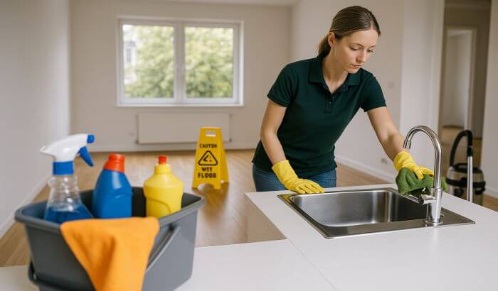 Professional cleaner preparing a London flat for faster tenant transitions with consistent cleaning standards.