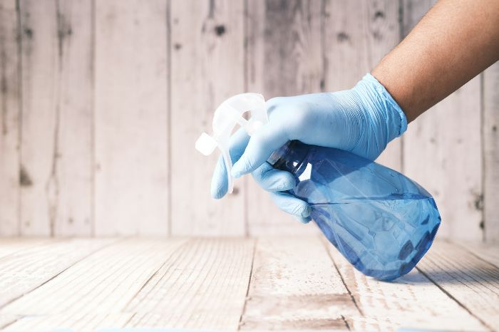 Vegan Cleaning Products And The Hidden Shifts They Trigger Indoors 6 Hand in gloves using a spray bottle to tackle early signs of heavy soil on a wooden surface