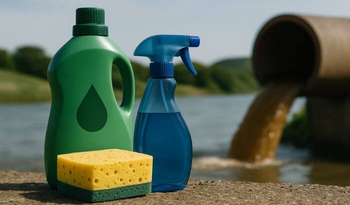 Cleaning products placed near polluted water highlighting how household chemicals contribute to water pollution in London.