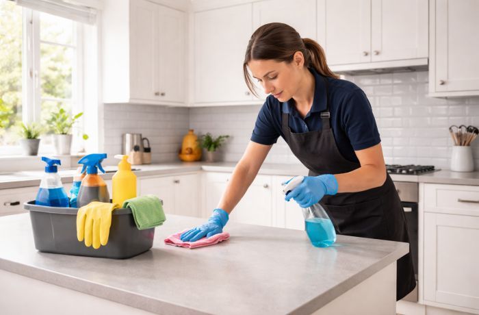 How Much Does a Regular Cleaner Cost in London in 2026 6 Professional cleaner in a dark uniform wiping kitchen worktops in a modern London flat with white cabinets, cleaning products on the counter, and natural daylight