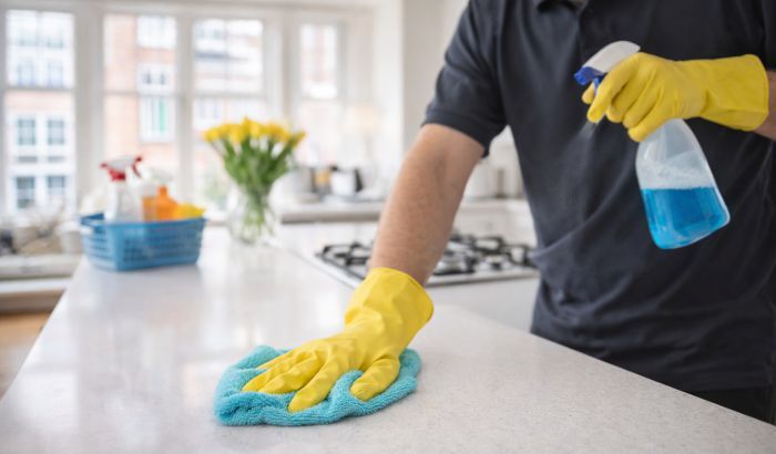 Regular cleaner wiping a kitchen worktop in a modern London flat with spray bottle, microfibre cloth, and natural daylight
