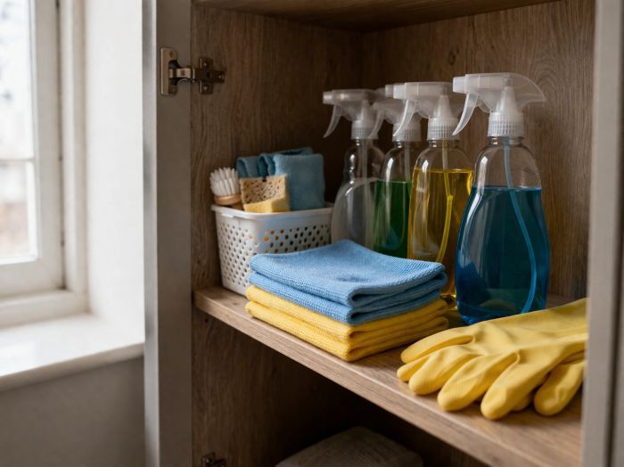 How Much Does a Regular Cleaner Cost in London in 2026 8 Cleaning supplies neatly arranged on a wooden shelf in a utility cupboard with spray bottles, folded microfibre cloths, rubber gloves, and soft natural light