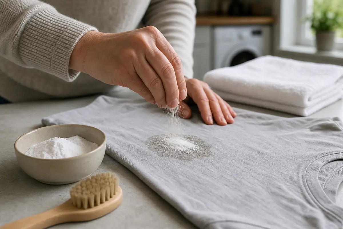 How to Get Oil Out of Clothes: Fresh, Set-In, Motor and Hair Oil 6 Applying absorbent powder to an oil stain on a cotton shirt before washing