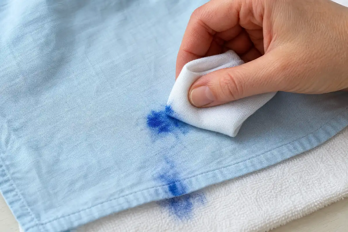 How to Remove Ink from Clothes Without Setting the Stain 5 Blotting blue ballpoint ink from washable cotton onto a clean absorbent towel