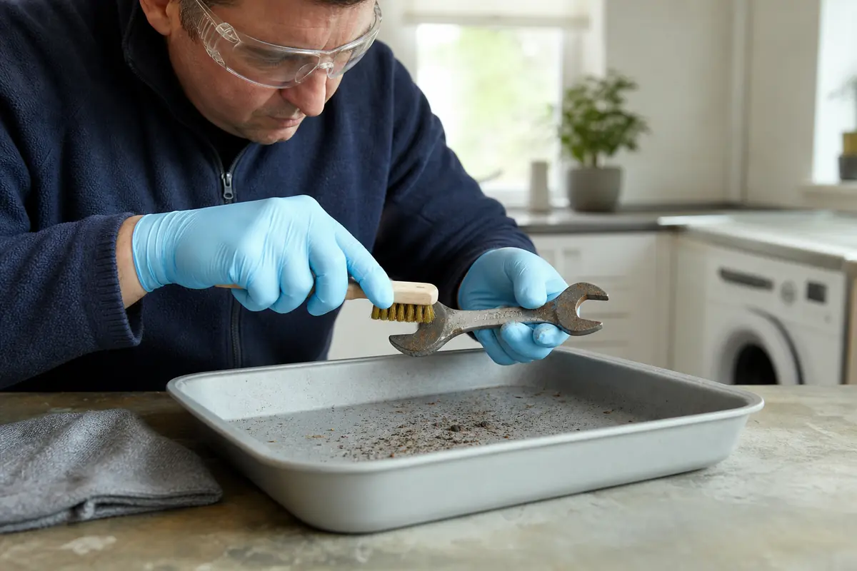 Clean Rust Off Metal: Safe Methods by Object, Finish and Rust Severity 5 Brushing loosened rust from a steel spanner over a catch tray