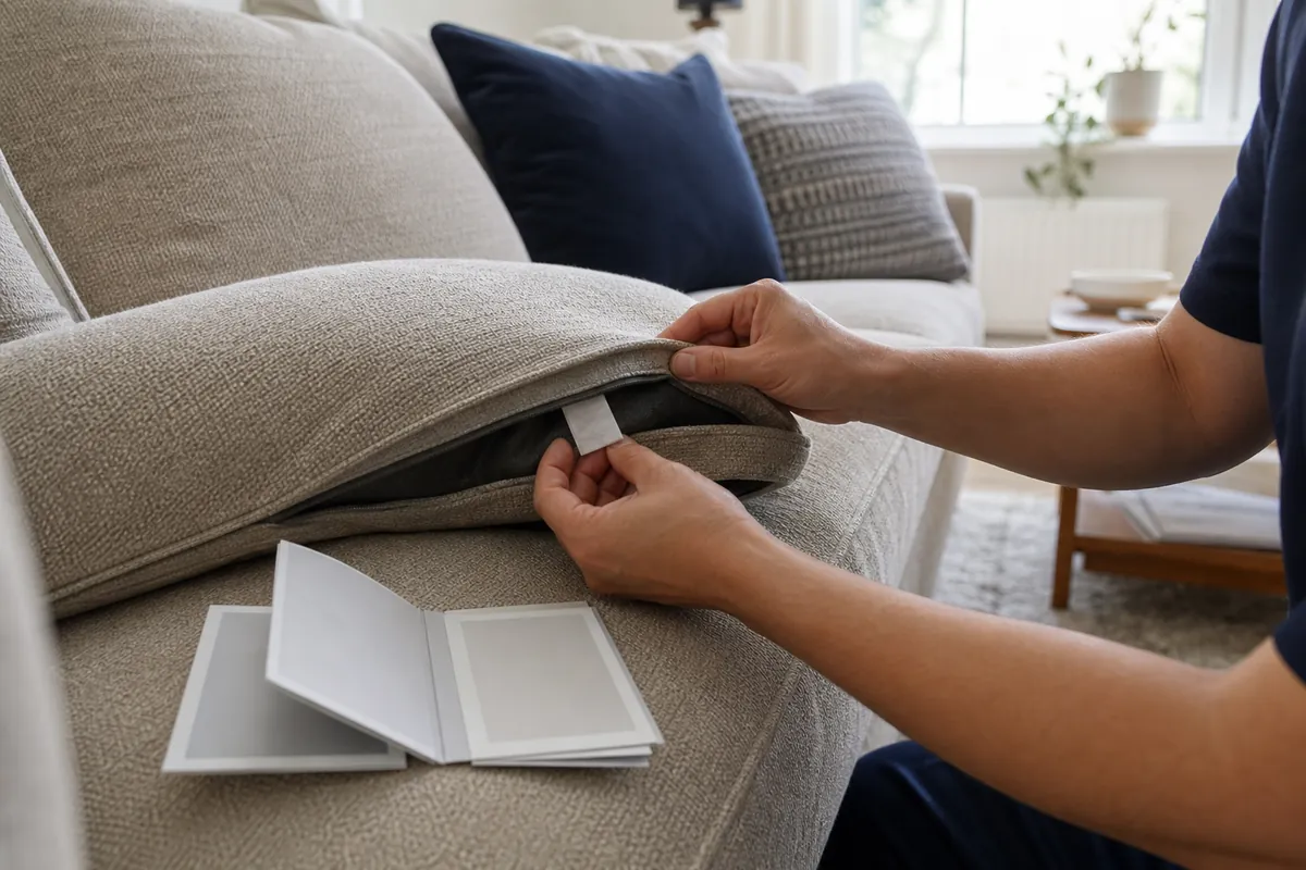 Best Way to Clean Sofa Fabric Safely 5 Checking the care label on a fabric sofa before cleaning