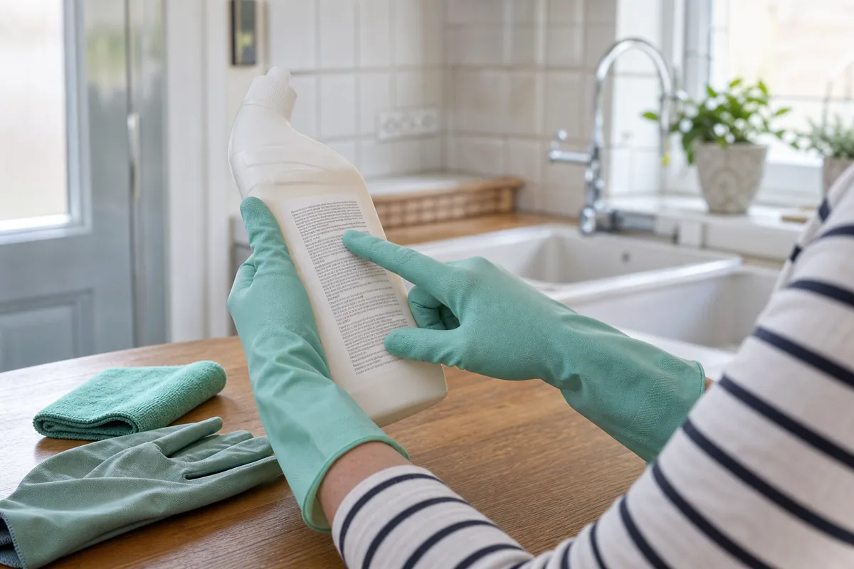 Safety of Cleaning Products: A Practical UK Guide 4 Checking a cleaning-product label while wearing reusable household gloves
