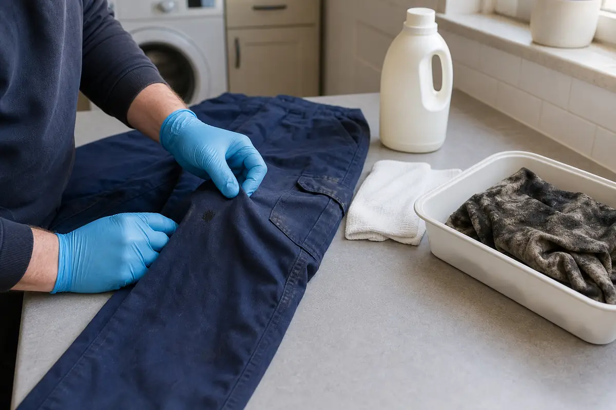 How to Get Oil Out of Clothes: Fresh, Set-In, Motor and Hair Oil 7 Checking a small motor oil stain on work trousers beside separated contaminated workwear