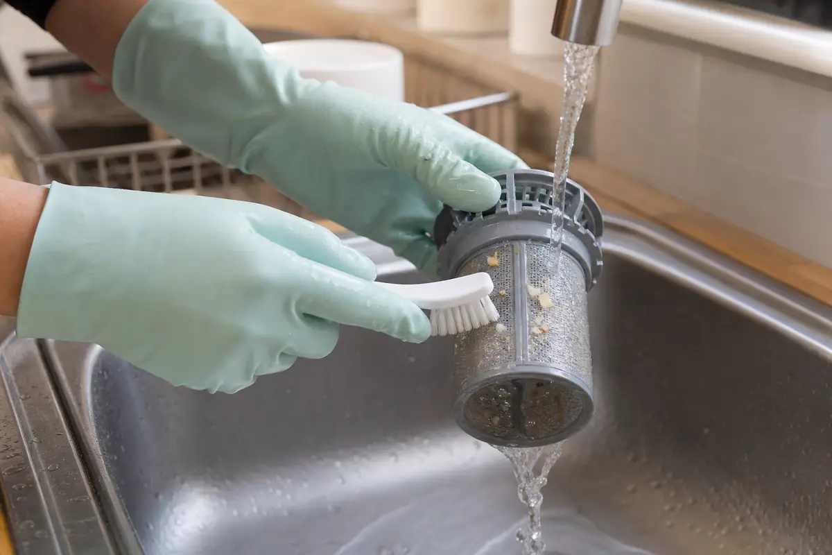 Dishwasher Cleaning: Filter, Spray Arms, Seals and a Safe Maintenance Cycle 5 Rinsing and gently brushing a removable dishwasher filter over a kitchen sink