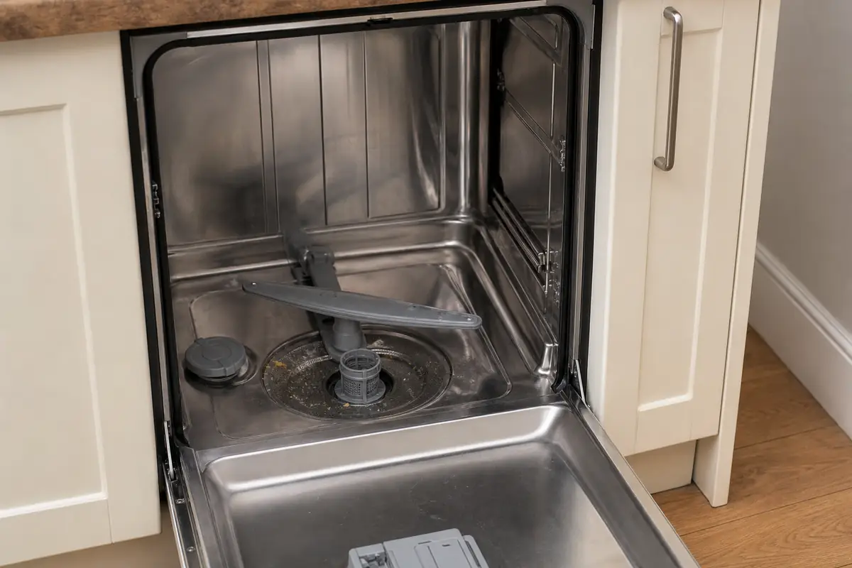 Dishwasher Cleaning: Filter, Spray Arms, Seals and a Safe Maintenance Cycle 4 Open dishwasher showing the filter, spray arms and door seals to check before cleaning