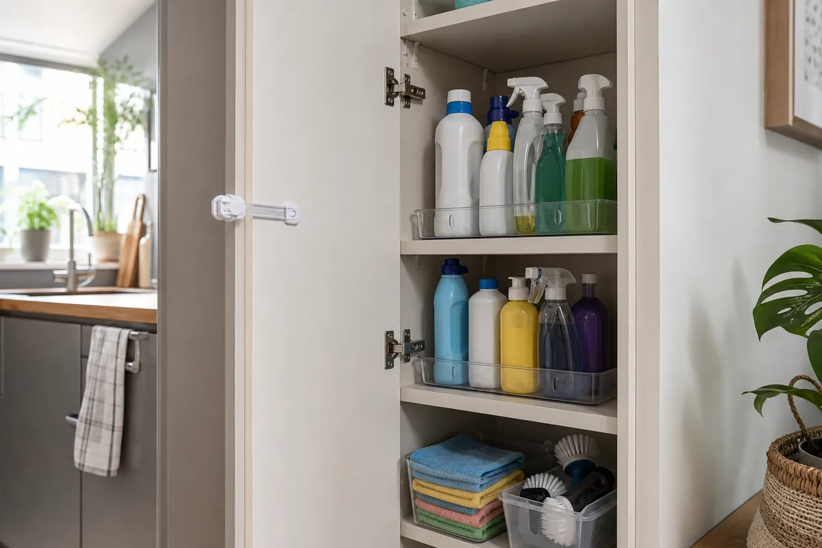 Safety of Cleaning Products: A Practical UK Guide 6 Locked cupboard with cleaning products stored upright in original containers