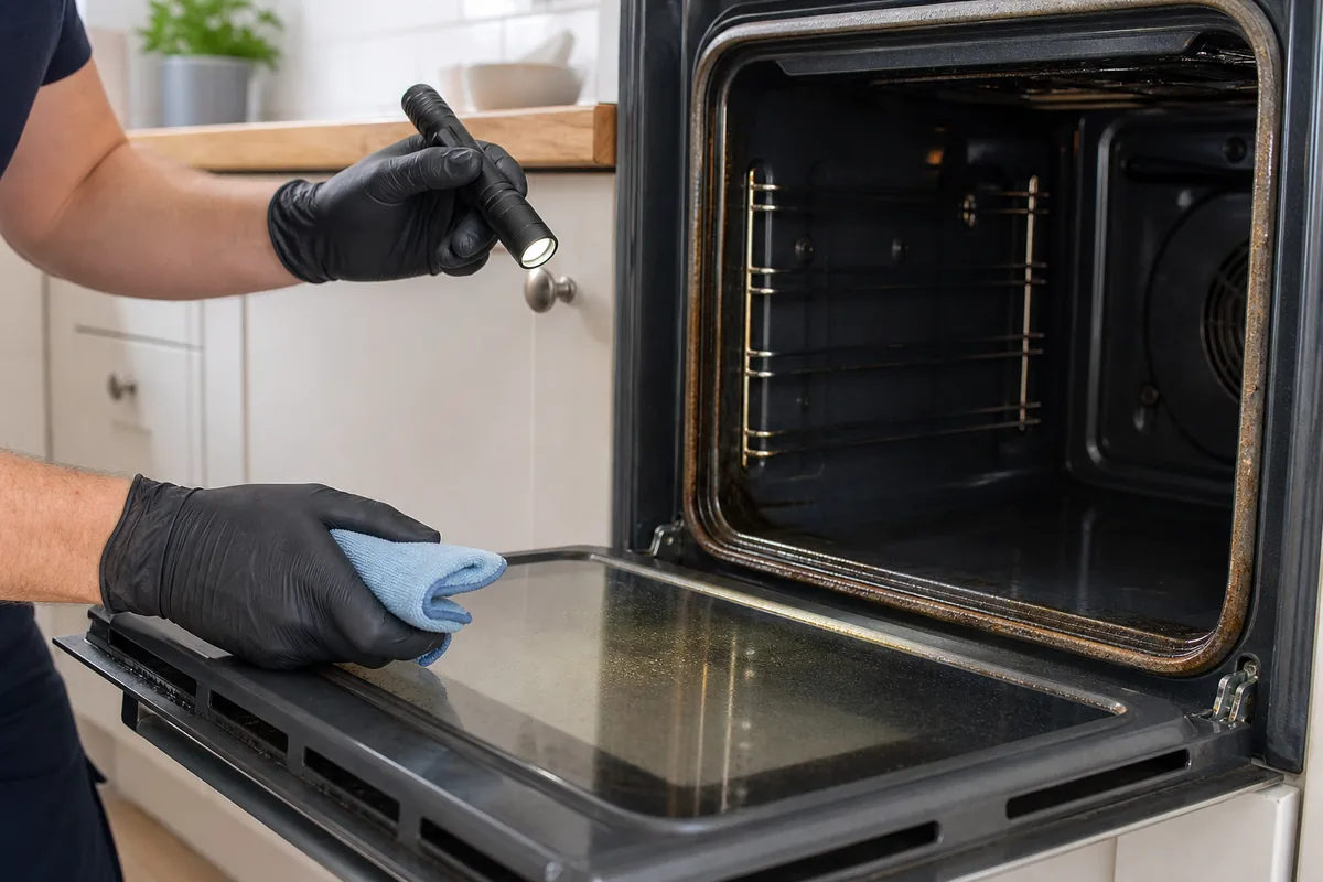Oven Deep Clean: A Safe Step-by-Step Guide 4 Inspecting grease around a cool oven door seal and vents before cleaning