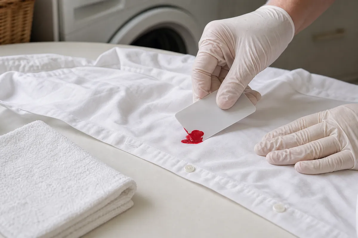 How to Get Nail Polish Out of Clothes Without Damaging the Fabric 4 Gloved hand lifting fresh nail polish from a cotton shirt
