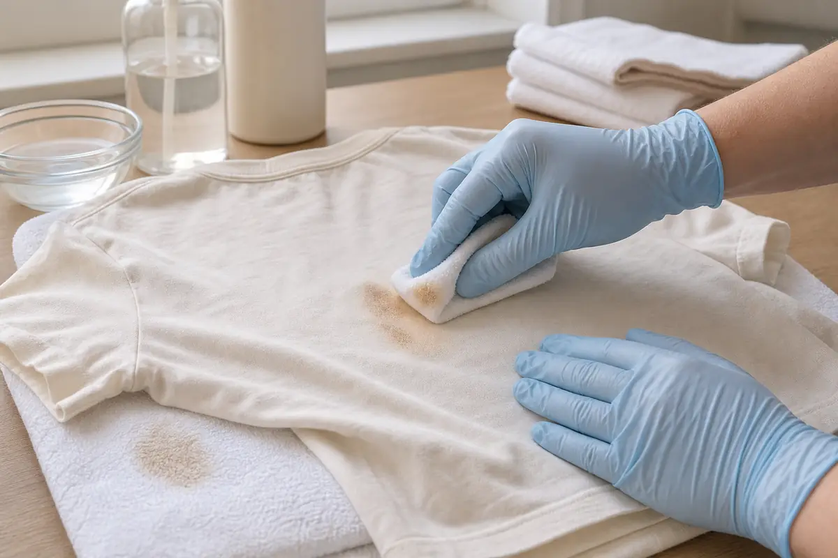 How to Get Makeup Out of Clothes: Foundation, Lipstick and Mascara 5 Blotting a makeup stain into a clean white towel without rubbing the fabric