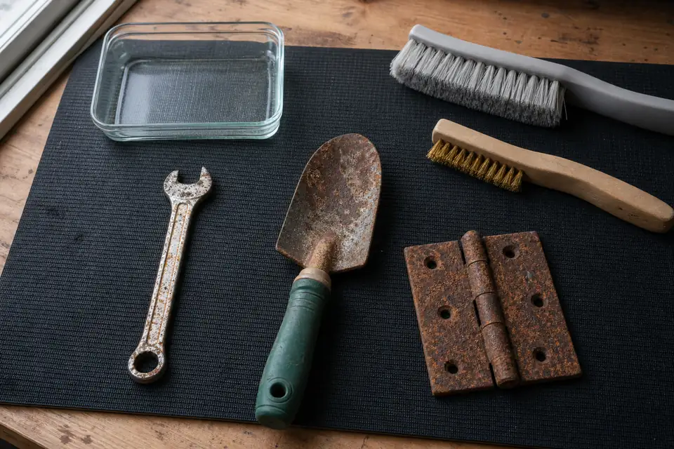 Clean Rust Off Metal: Safe Methods by Object, Finish and Rust Severity 4 Rusty steel tools arranged by rust severity before choosing a removal method
