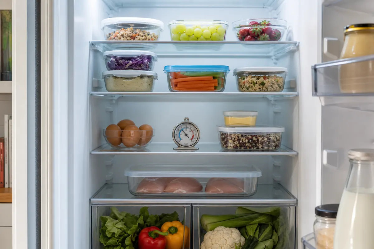 What Happens If You Don't Clean Your Fridge? 5 Fridge thermometer and sealed food arranged on clean shelves