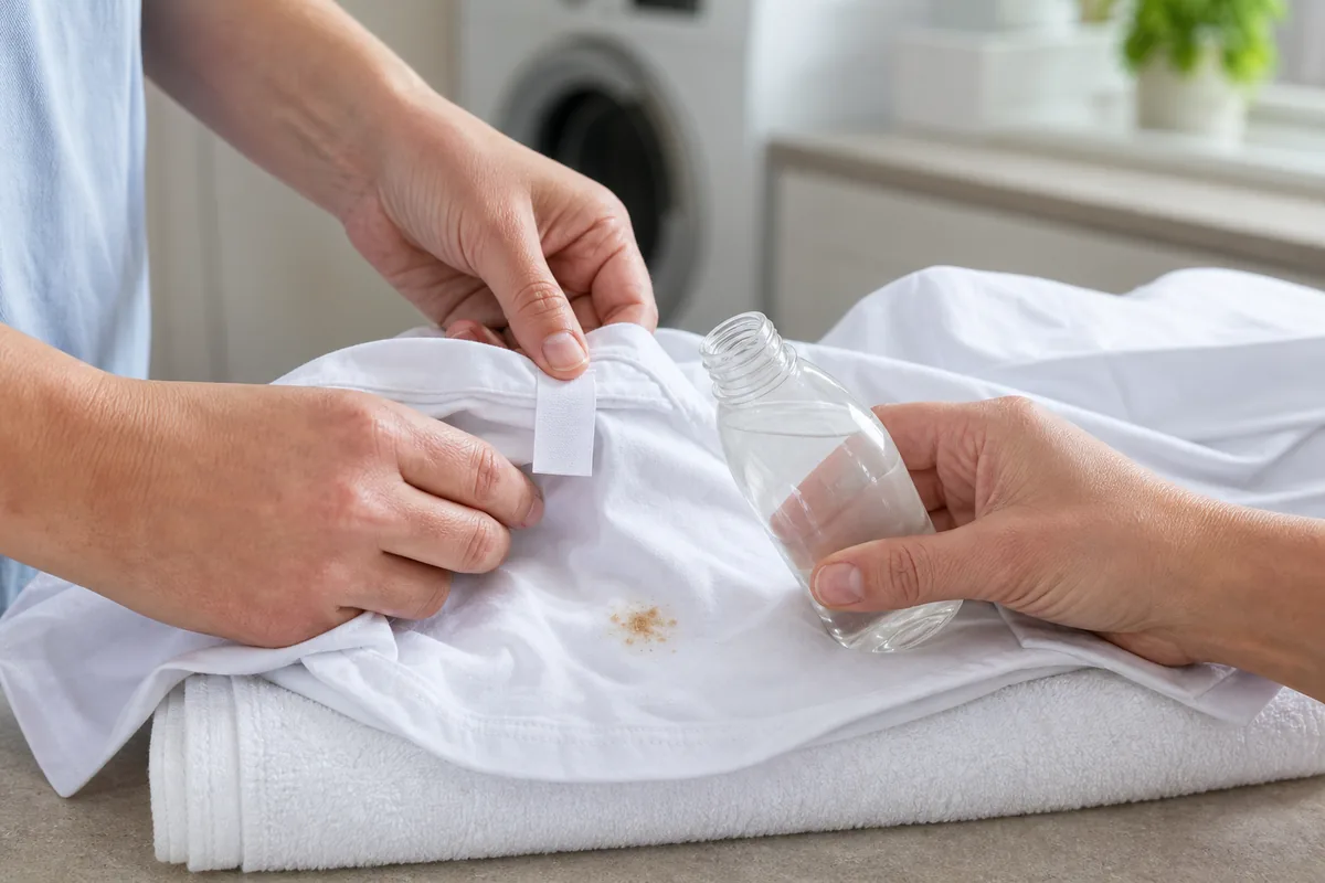 How to Get Stains Out of White Clothes Without Setting or Spreading Them 4 Checking a stained white cotton shirt and its care label before treatment