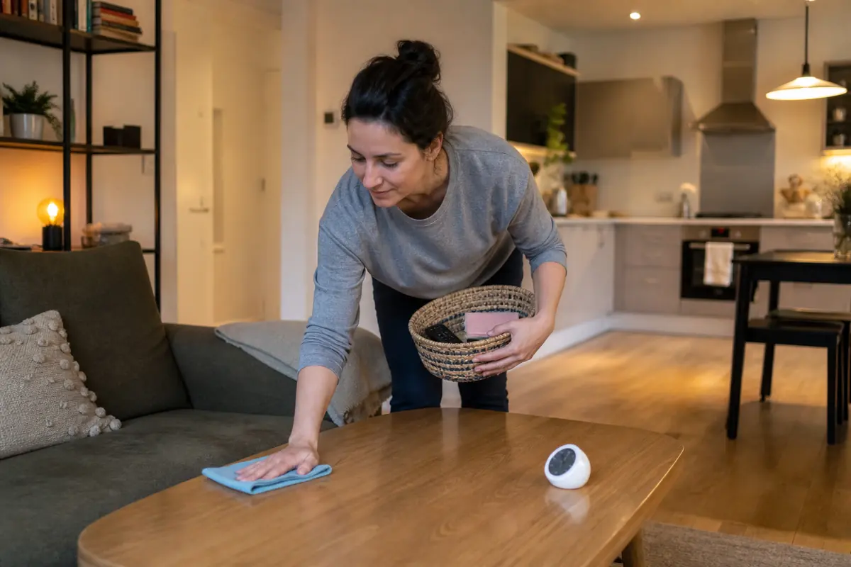How to Keep House Clean with Busy Schedule: A Realistic Plan 4 Busy adult completing a 15-minute living-room reset with a basket and microfibre cloth