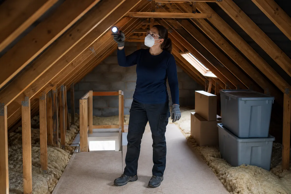 How to Clean and Declutter an Attic Safely 4 Cleaner checking a boarded attic walkway before decluttering begins