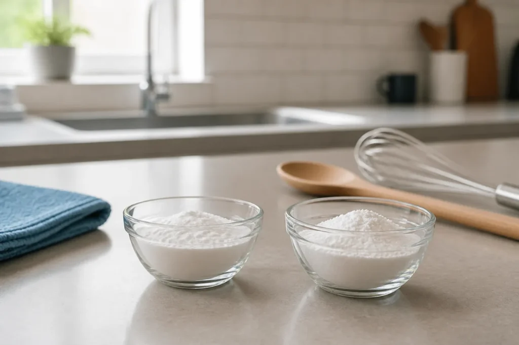 Baking Powder for Cleaning: Is It the Same as Baking Soda? 3 Baking powder and bicarbonate of soda in separate bowls beside a cleaning cloth