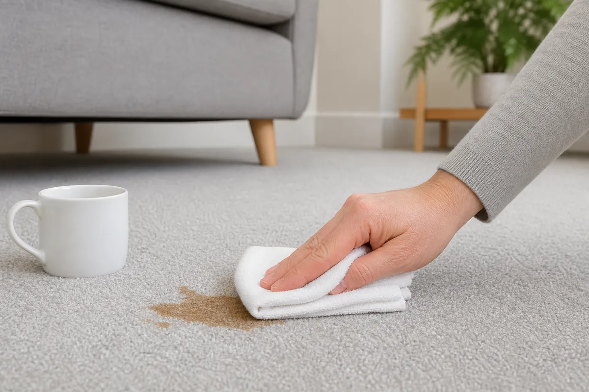 Carpet Stain Removal: Identify the Stain and Treat It Safely 4 Clean white cloth blotting a fresh drink spill from a light grey carpet