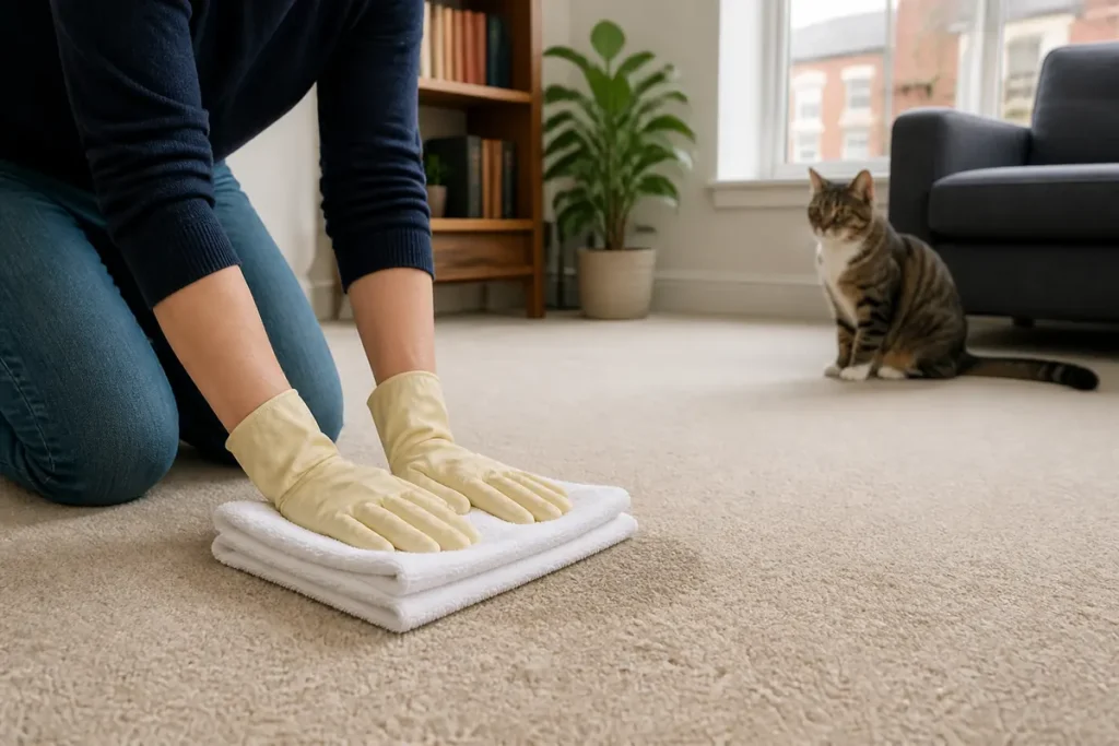 How to Remove Cat Urine Smell from Carpet 4 A woman blotting fresh cat urine from carpet with clean white towels