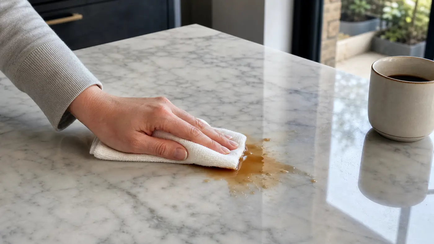 Removing Stains from Marble: Stain or Etching? 4 Blotting a fresh coffee spill from a light marble worktop with a clean white cloth