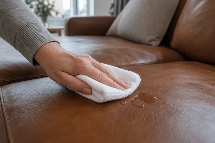 How to Get Stains Out of Leather Without Damaging the Finish 5 Clean white cloth blotting a fresh water spill on a protected leather sofa