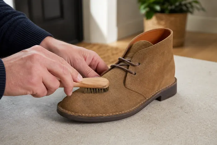 How to Remove Stains from Suede Safely 4 Suede brush lifting dry surface dirt from a tan suede shoe