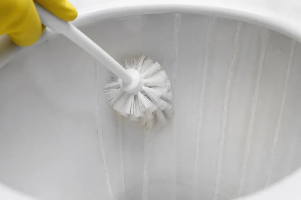 How to Remove Limescale from Your Toilet Bowl 6 Toilet brush cleaning vertical limescale streaks from wet ceramic