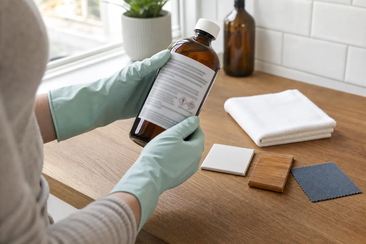 How to Clean with Hydrogen Peroxide Safely 5 Checking the label on an opaque hydrogen peroxide bottle before cleaning