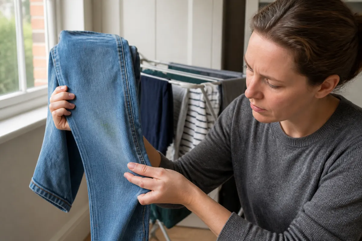 How to Get Out Grass Stains Without Damaging Clothes 6 Checking air-dried jeans for a remaining grass stain before using heat