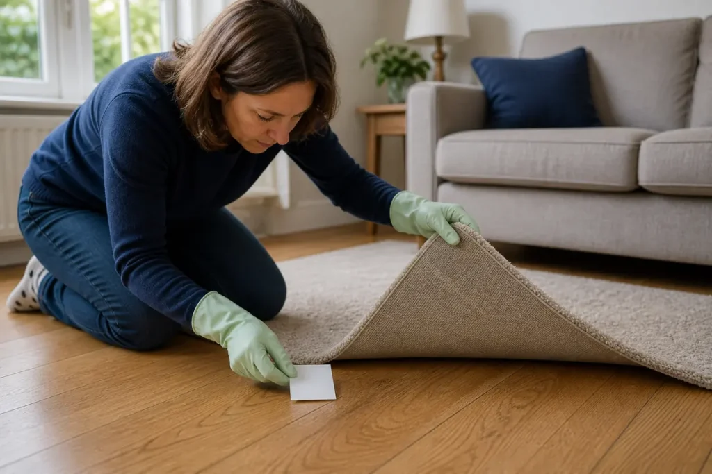How to Remove Cat Urine Smell from Carpet 5 A woman checking a rug backing and floor beneath after a cat urine accident