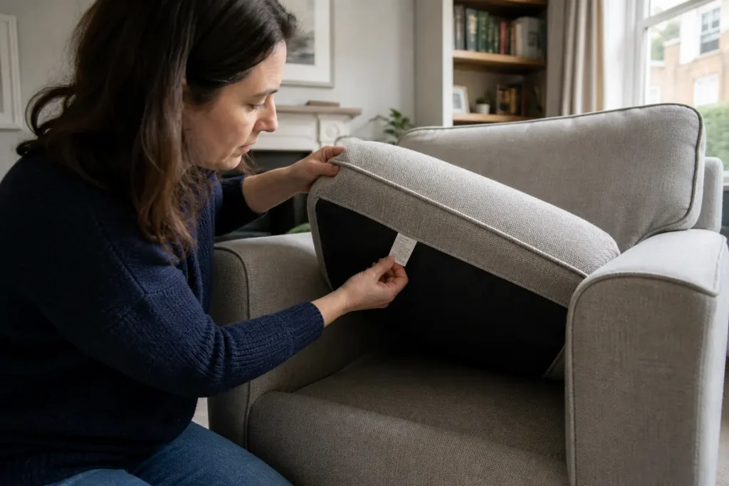 Best Way to Clean Upholstery Safely 4 Homeowner checking the care label beneath an upholstered chair cushion