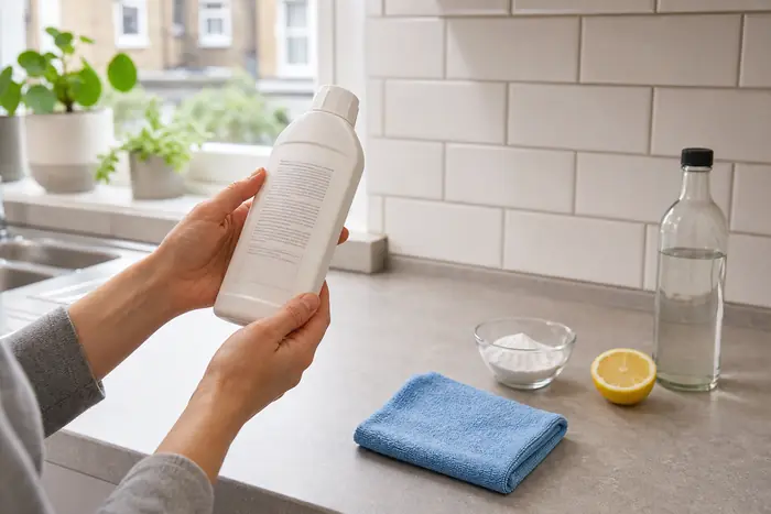 Natural Cleaning: What Works, What Does Not and What Is Safe 6 Homeowner checking a cleaner label before choosing a natural cleaning method