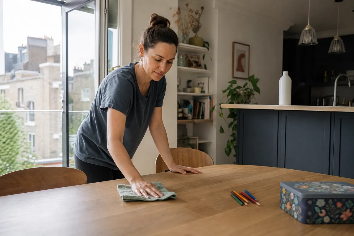 Are Essential Oils Safe for Cleaning Around Children? 6 Adult wiping a family dining table while the room is ventilated
