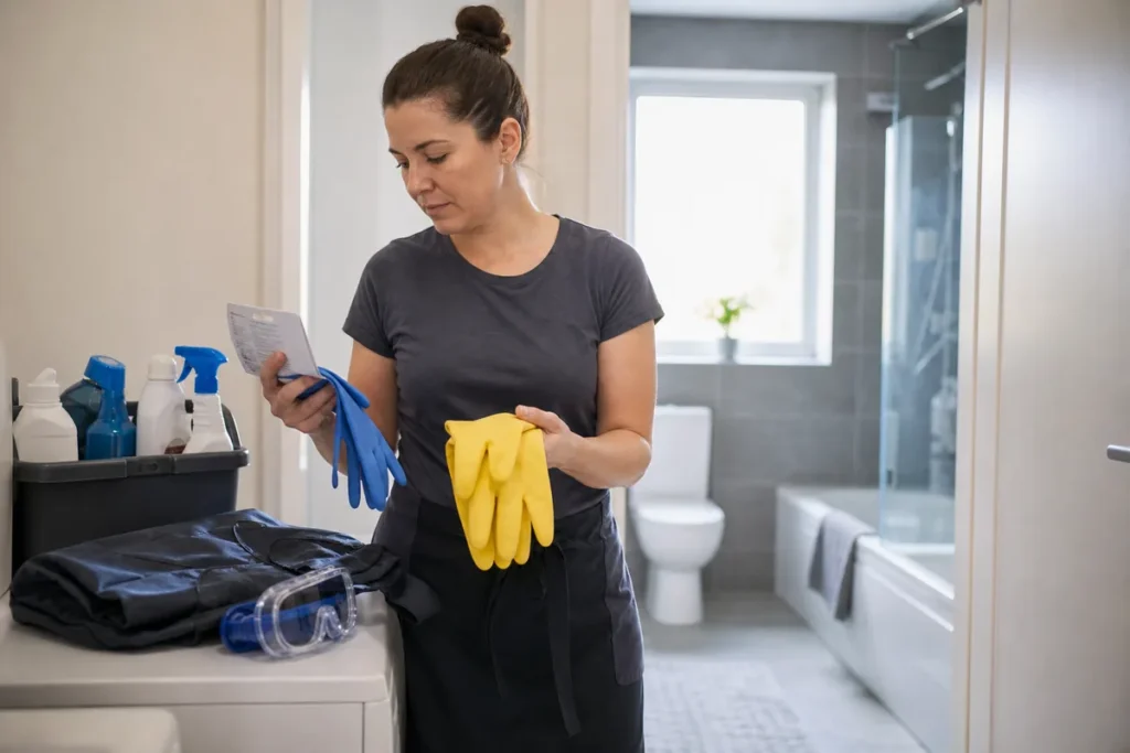 PPE for Domestic Cleaning: A Task-Based UK Guide 4 Domestic cleaner comparing task-specific gloves and eye protection before bathroom cleaning
