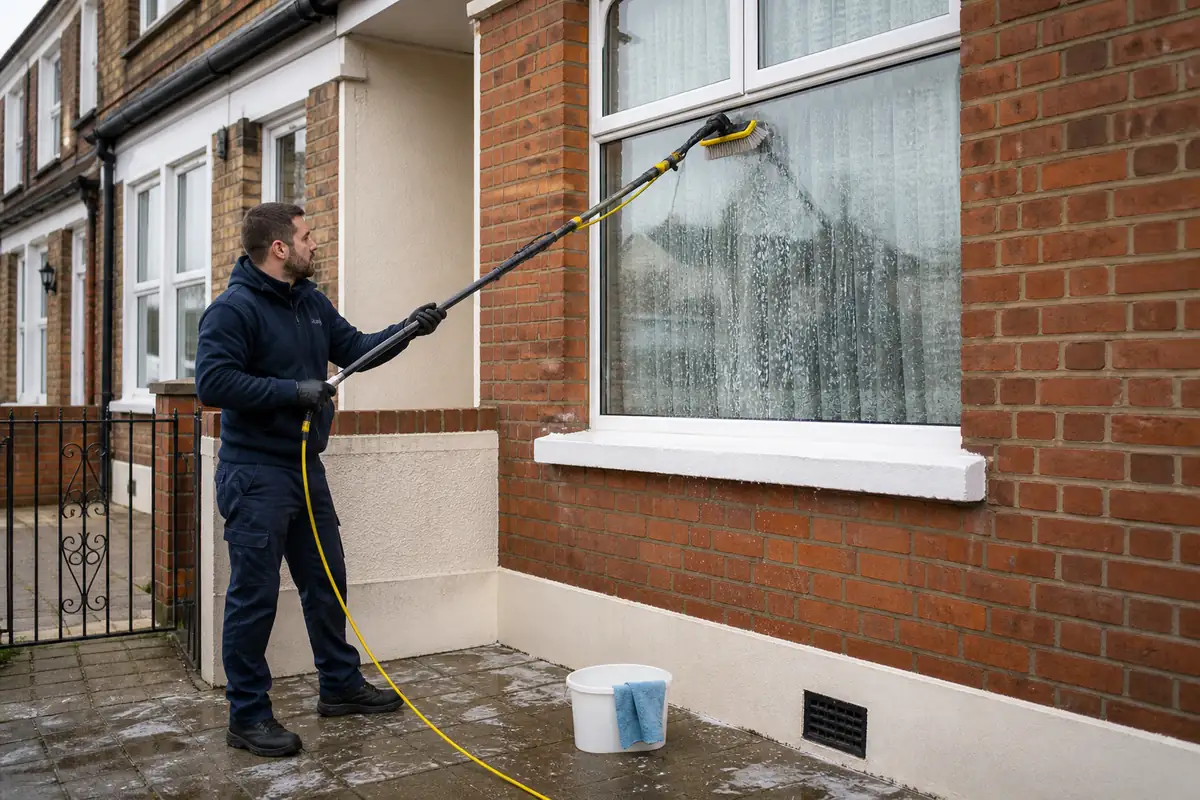 Best Way to Clean Windows Inside and Outside Without Streaks 6 Professional cleaner washing an exterior window from ground level with a telescopic pole