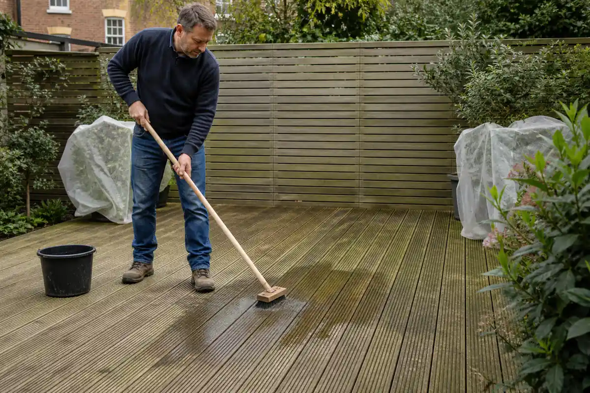 Deck Cleaning: How to Clean Wood and Composite Decking Safely 3 Homeowner scrubbing wooden decking along the board direction with a long-handled brush