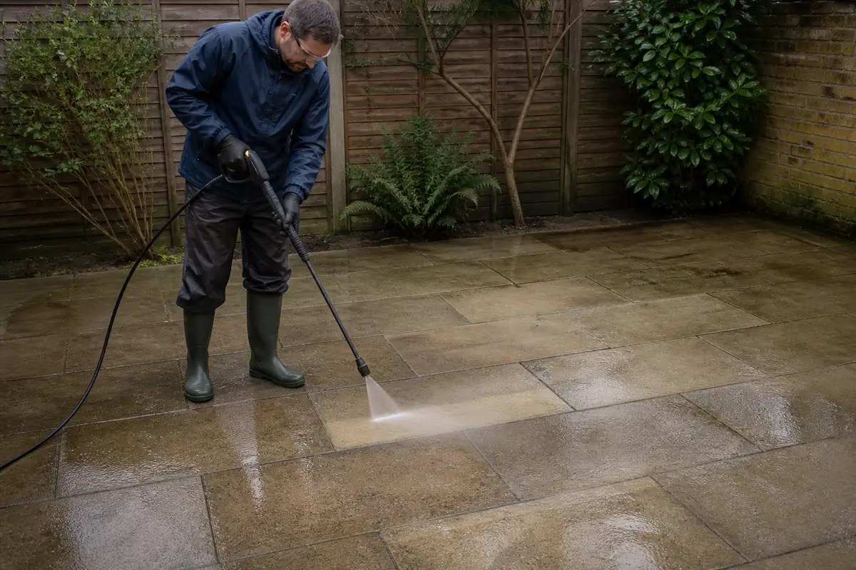 Best Way to Clean a Patio: A Material-Safe Method for London Homes 5 Wide pressure-washer fan used at a controlled distance from patio joints