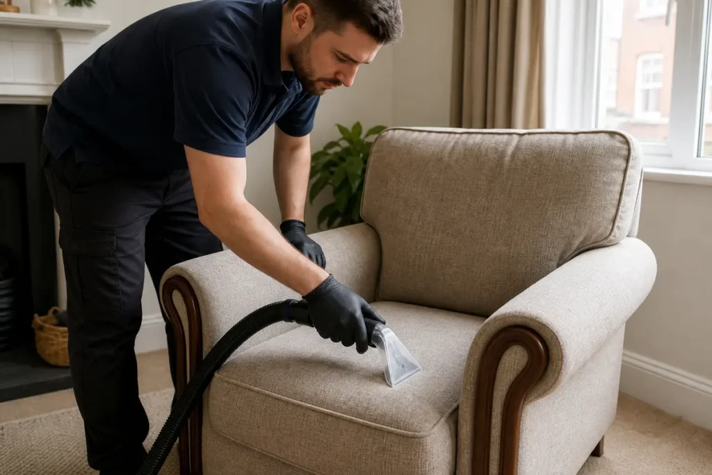 Best Way to Clean Upholstery Safely 6 Professional cleaner making a controlled extraction pass on an upholstered armchair