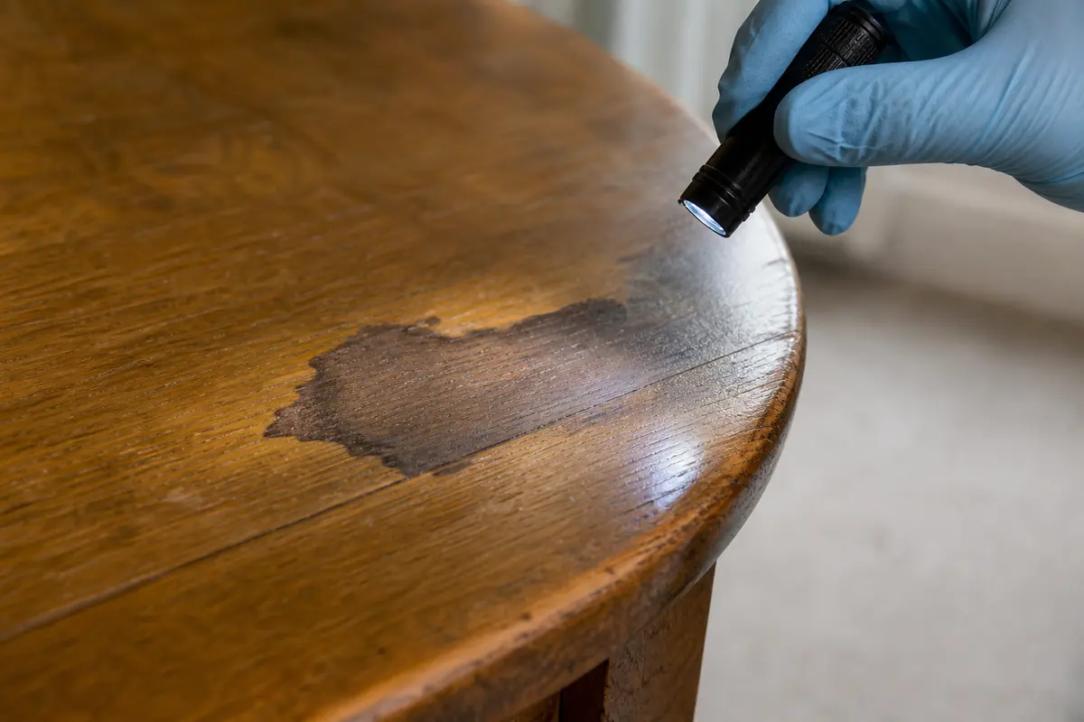Remove Water Stains from Wood: White Marks, Dark Stains and Safe Limits 6 Dark water stain inspected beneath a wooden table finish