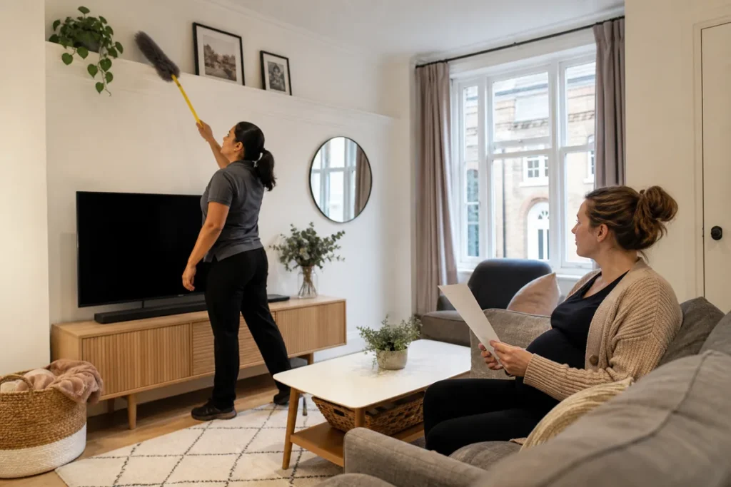 Safe Cleaning Before Baby Arrives: A Practical Checklist 6 Professional cleaner handling a high-reach task while an expectant client stays clear