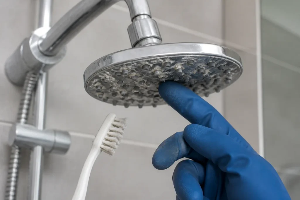 How to Clean Your Showerhead with White Vinegar 3 Limescale deposits around flexible shower-head nozzles before descaling