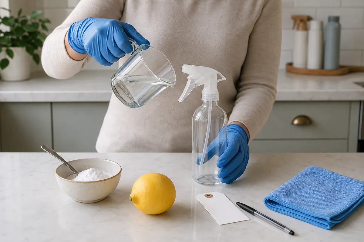 DIY Cleaning Products Safety: What Never to Mix or Store 5 Gloved hands measuring a homemade cleaner beside a blank label
