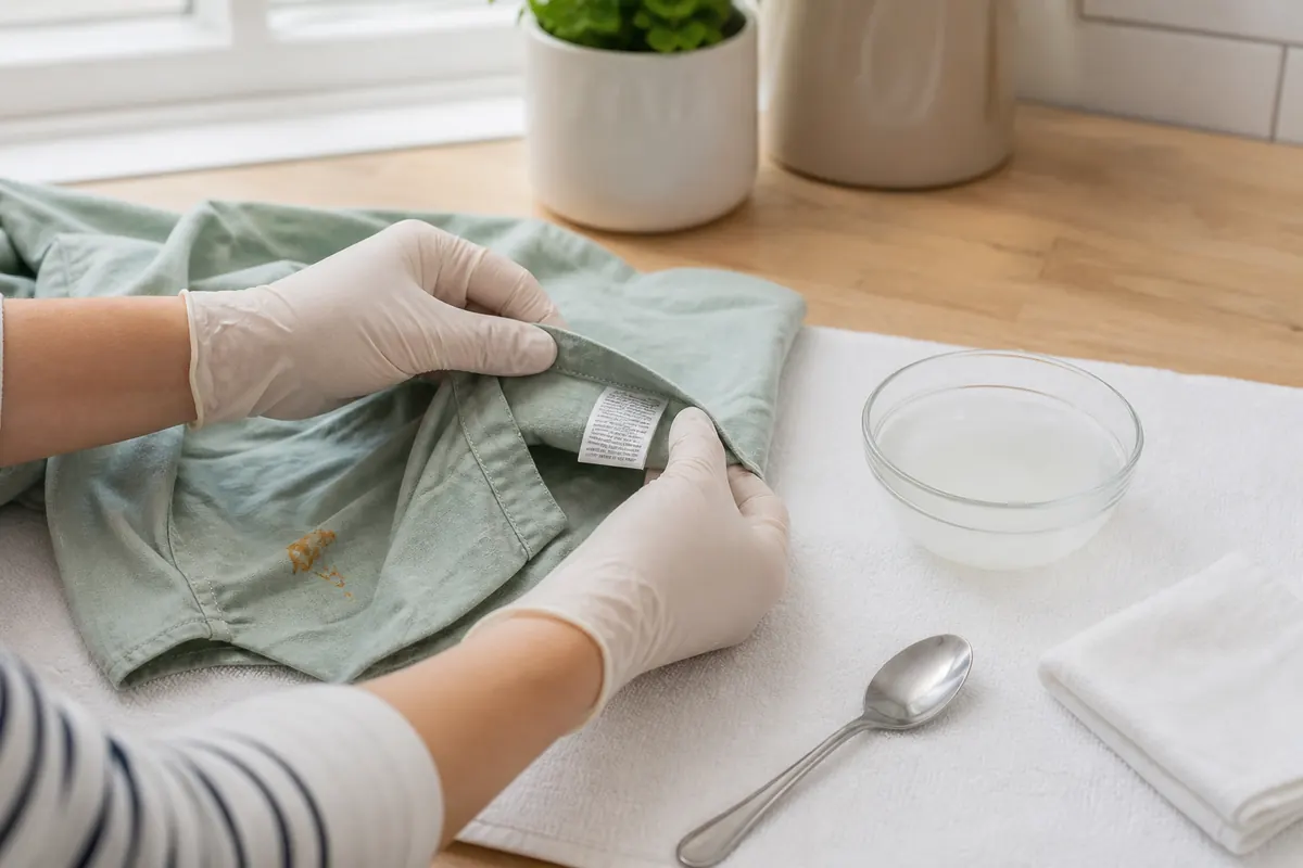 DIY Stain Remover: Choose by Stain and Fabric 5 Gloved hands checking a garment care label before a hidden-seam stain test