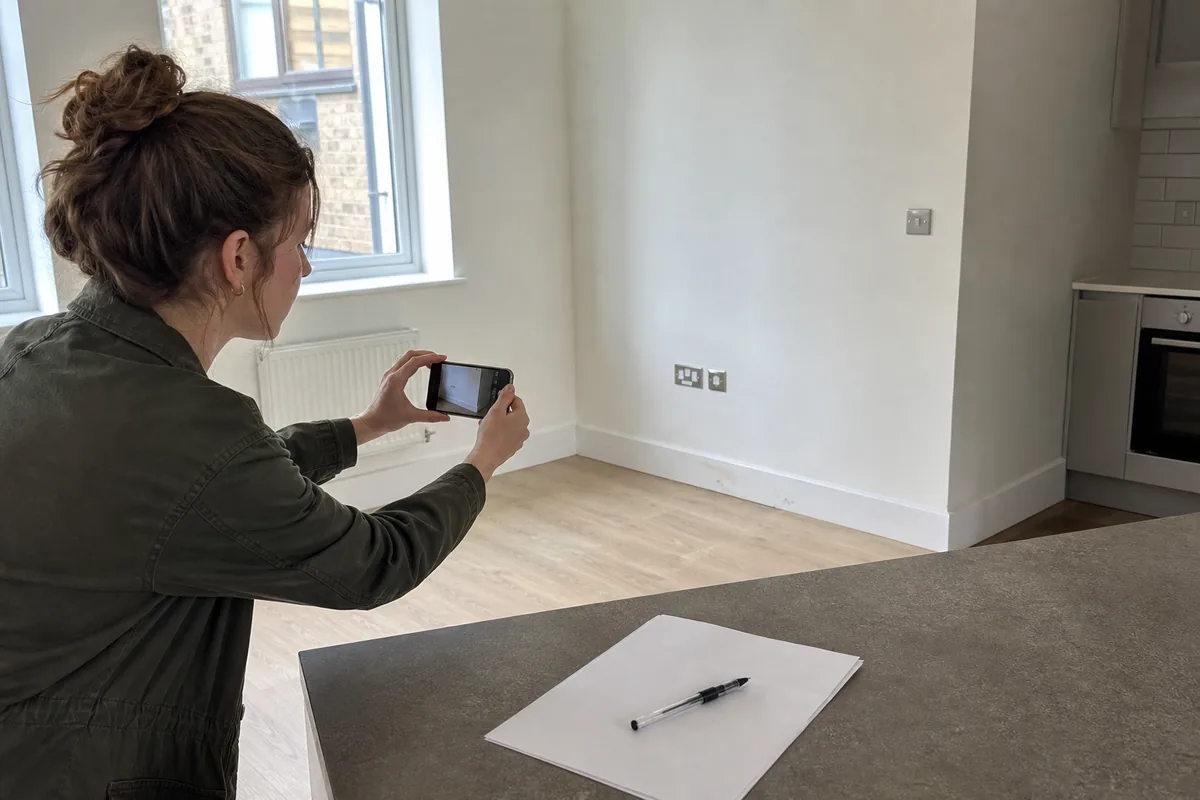 End of Tenancy Cleaning Checklist for UK Tenants 4 Tenant photographing the condition of an empty London flat beside an inventory checklist