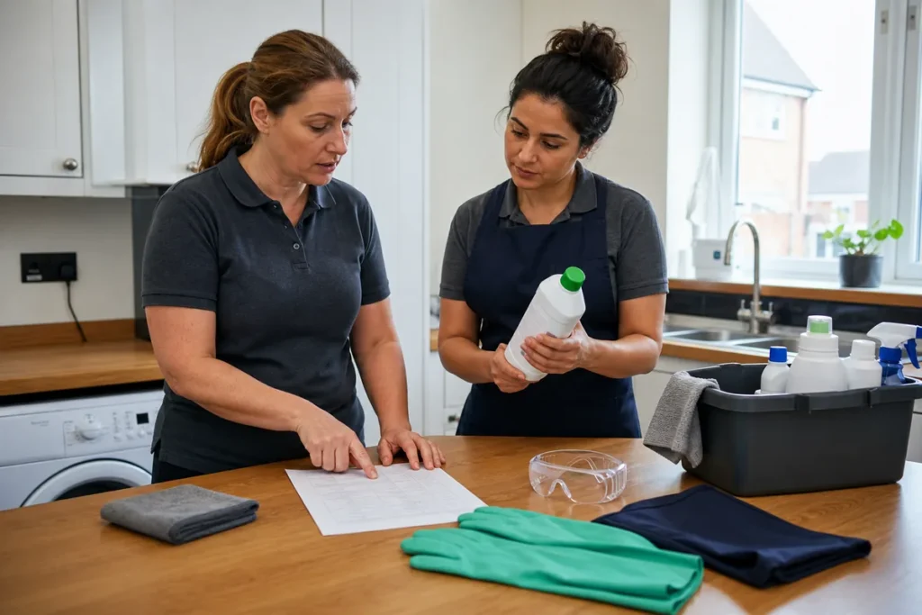 PPE for Domestic Cleaning: A Task-Based UK Guide 6 Cleaning supervisor and domestic cleaner reviewing a task-specific PPE plan